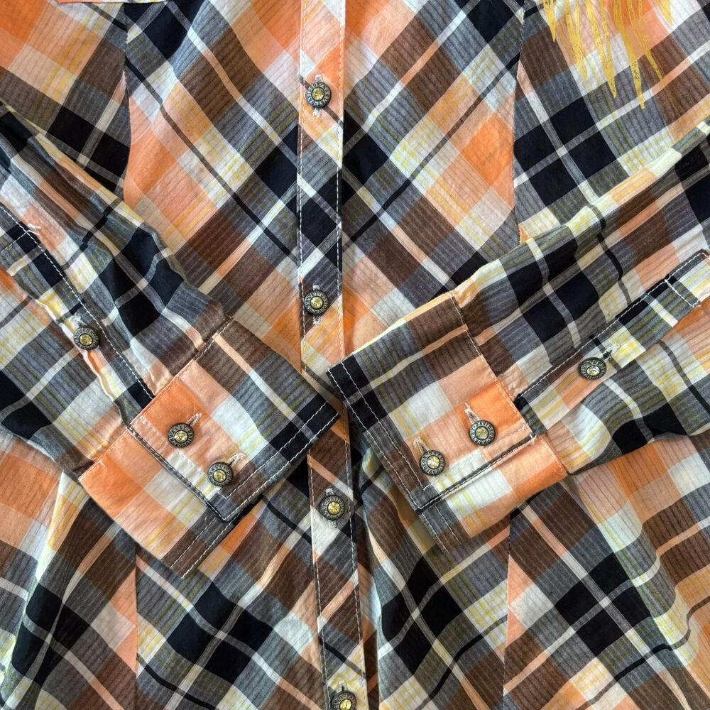 Harley Davidson Button Up Shirt Womens M Orange Plaid Rhinestone Angel Back Logo - Picture 16 of 16